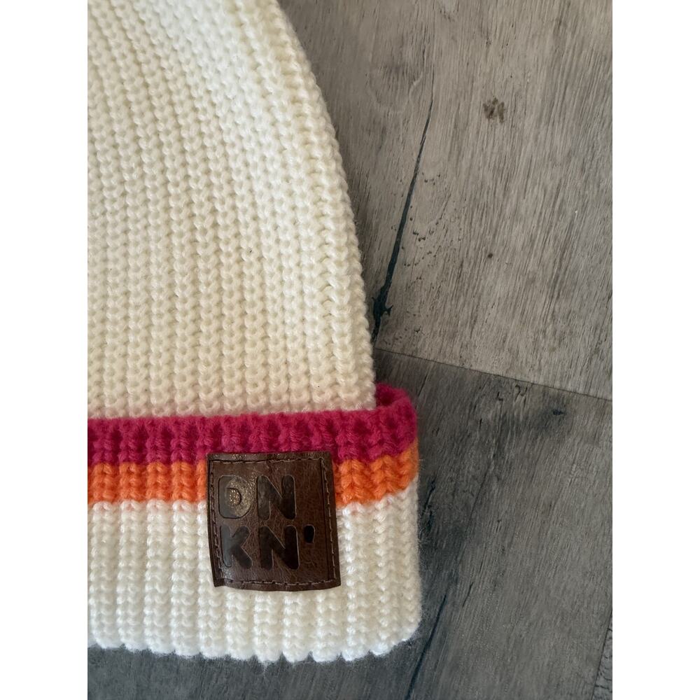 Dunkin Hat Beanie Cuff Knit White Pink Orange Stripe DNKN Winter Warm Unisex - Picture 3 of 4